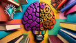 colorful collage books lightbulb intelligence