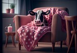 Fototapeta  - Cute lazy cow sitting in a chair and covered with a pink blanket - AI generated funny animal. Generative AI