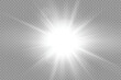 White bright star glowing light burst sun rays flare of sunlight with glare bokeh. Vector illustration