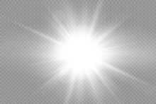 White bright star glowing light burst sun rays flare of sunlight with glare bokeh. Vector illustration