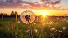Dandelion In Field At Sunset Freedom To Wish. Beautiful Sunset In The Field With Dandelion. Seamless Looping Overlay 4k Virtual Video Animation Background 