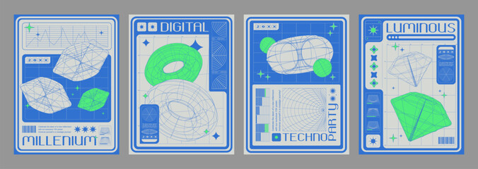 Poster design layout with trendy retro wireframe shape in y2k aesthetic. Banners set with abstract grid figure and text. Vector minimal brutal composition template. Psychedelic streetwear ornaments.