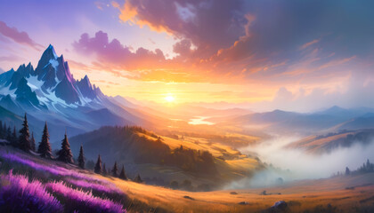 Wall Mural - Sunset over a foggy valley with pine trees and lavender fields creating a tranquil scene, ai generated