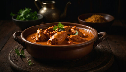 Low light photograph highlighting the appetizing appeal of butter chicken, presented in a shallow ceramic dish, set against the backdrop of a dark wooden table with soft shadows enhancing the depth an