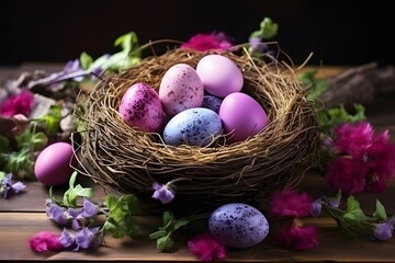  A nest adorned with colorful Easter eggs painted in soft pastel color, surrounded by blossoming flowers on a dark wooden surface