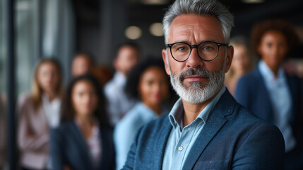 Middle aged man with grey hair, leadership concept. Group of managers blurred in background.