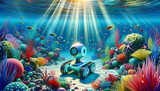 Fototapeta Fototapety do akwarium - Whimsical underwater robot fostering harmony with vibrant marine life.