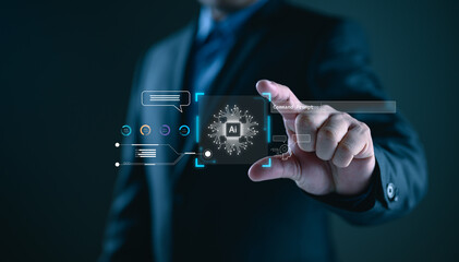 Poster - Ai tech, businessman show virtual graphic Global Internet connect AI, Artificial Intelligence. Using command prompt for generates something, Futuristic technology transformation. Chatbot Chat with AI.
