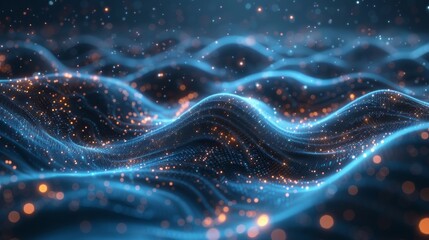 Wall Mural - Cutting-edge technology featuring digital waves and neural connections on a dark blue background, symbolizing a global network of quantum computing and AI.