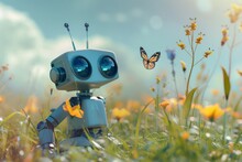 Curious Robot Wanders Through Blooming Meadow, Marveling At The Natural Beauty And Amazed As A Colorful Butterfly Lands Gently On Its Metallic Hand.