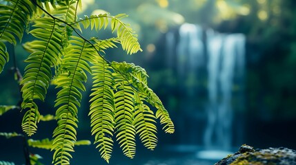 Ferns with a soft focus background of a waterfall. 