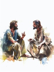 Wall Mural - Meaningful Conversation: Jesus and Thomas Discuss Doubt and Faith in Watercolor Art Generative AI