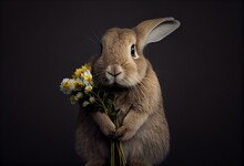 A Rabbit Holding A Bouquet Of Flowers In Its Paws And Looking At The Camera With A Sad Face On Its Face. Generative AI