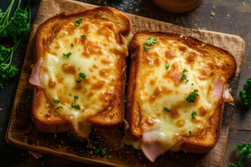 Wall Mural - Croque Monsieur a traditional French sandwich with ham cheese and bechamel sauce as seen from above