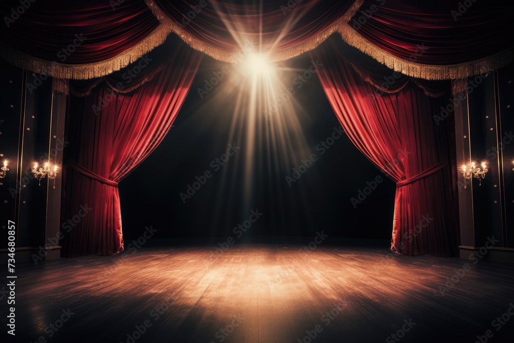 Empty theater stage with red velvet curtains and spotlights for ...