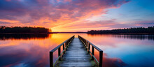Blue Lake Sunset with Twin Wooden Piers Reflecting in the Calm Water Relaxing Beachscape.AI Generative
