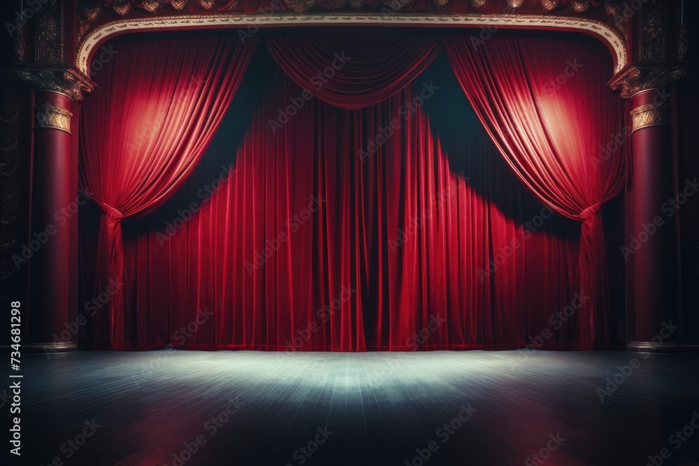 Empty theater stage with red velvet curtains and spotlights for ...