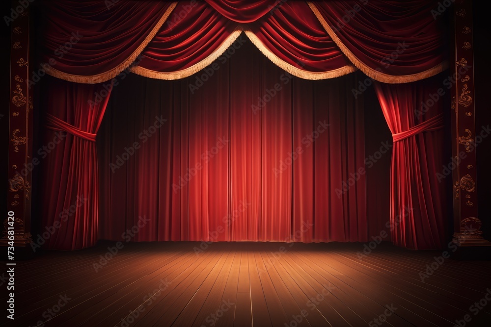 Empty theater stage with red velvet curtains and spotlights for ...