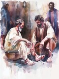 Fototapeta Kosmos - Jesus Washing Peter's Feet in Watercolor Art Generative AI