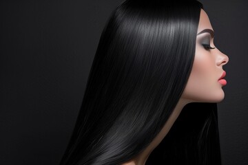 Poster - Gorgeous straight black hair on a dark background Stunning brunette model with healthy shiny hair Hairstyle treatment