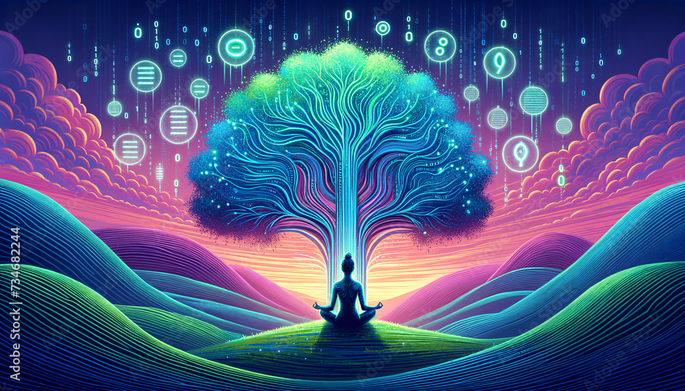 Surreal software development scene with luminous binary tree and ...