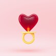 Closeup Red Shape Heart Lollipop Candy ring isolate on pink background. 3D minimal valentine concept idea.