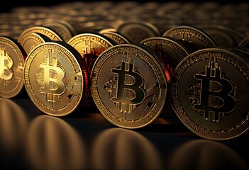 Wall Mural - Row of Bitcoin golden coins background. 3D rendering illustration image. Generative AI
