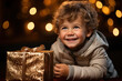 Little boy joyfully sits next to beautifully wrapped present, captivated by mystery within