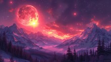 Pink Moon Rising Over The Mountains: A Stunning View Of The Super Blood Wolf Moon Generative AI
