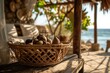 © colorful imagination - A woven basket overflowing with dried figs, nestled on a wicker table in a breezy beachside villa