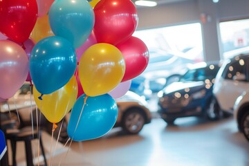 Poster - bright balloons in showroom, cars indistinct behind them