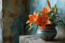 A Minimalistic Capture Of A Vintage, Ornate Terracotta Pot, Showcasing A Vivid Orange Lily In All Its Glory Against A Backdrop That Emphasizes Its Elegance