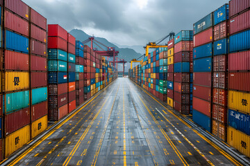 Wall Mural - perspective view of containers at containers yard with forklift and truck