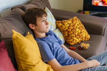 Poster - boy lounging with pillows, eyes on tv, snacks on the side