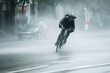 cyclist struggling against powerful wind gusts on street