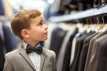 Wall Mural - kid with bow tie looking at a formal suit section