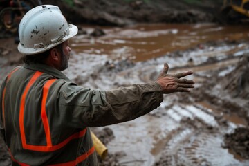 Canvas Print - worker with hard hat directing cleanup of a mudslide