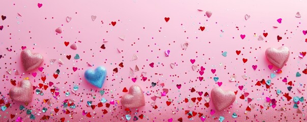 Sticker - Hearts with glitter wide background.