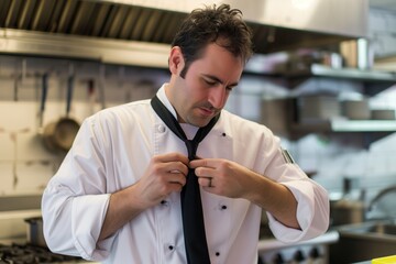 Poster - man in chef whites fixing black tie in kitchen