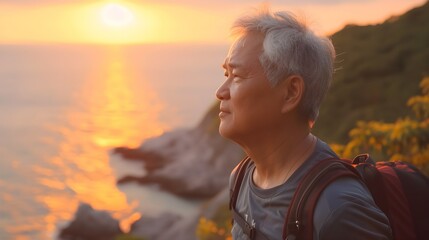 Active elderly Asian man with gray hair wearing sports wear for hiking and backpack is standing on the hill looking at the sunset over the ocean. He is happy and relaxed