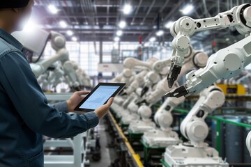 Wall Mural - technician with tablet monitoring a line of assembly robots