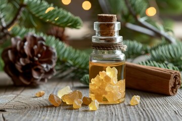 Poster - Frankincense essential oil with spruce and holly branches in the background