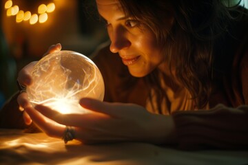 Wall Mural - overshoulder shot of woman studying a crystal ball