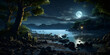 Full moon in dark fantasy landscape background and wallpaper Over Night An Moon And Trees A River In Landscape  Backgrounds 
