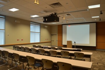 vacant conference room with overhead projector, no crowd