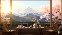 Cafe In The Morning With Mountains View. Looping Time-lapse 4k Video Animation Background