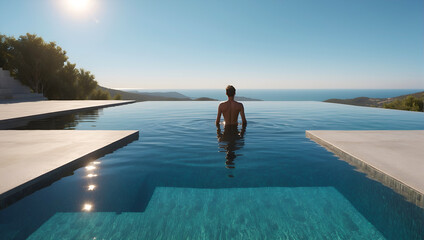 A person relaxes in an infinity pool, blending seamlessly with a serene water landscape and modern architecture under a clear sky.