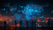 Futuristic Network City with Silhouetted Onlookers.
Onlookers silhouetted against a futuristic city network visualisation with a global map overlay.