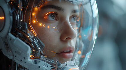 Wall Mural - Close-Up Portrait of Woman Wearing Space Helmet, Embracing Futuristic Technology, Science Fiction, and Exploration in Cosmic Universe Adventure. Symbolizing Modern Sci-Fi Space travel.