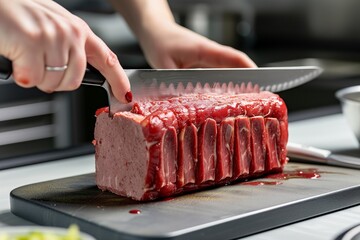 Poster - person slicing a loaf of artificial meat on a cutting board